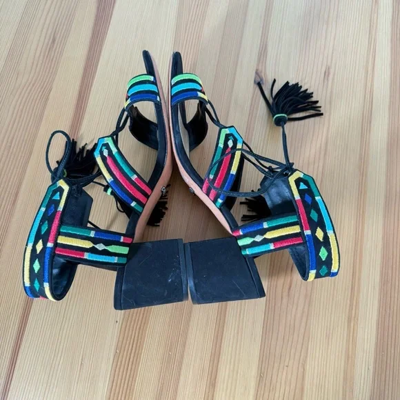 Schutz Heeled Sandals Embroidered with Tassels Boho 8.5 - Picture 4 of 9